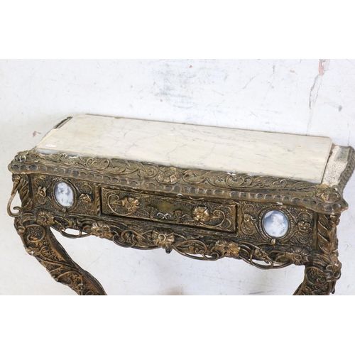 605 - Marble Top Console Table, the wooden frame with a plaster scrolling gilt finish, 75cm wide x 79cm hi... 