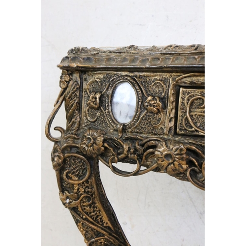 605 - Marble Top Console Table, the wooden frame with a plaster scrolling gilt finish, 75cm wide x 79cm hi... 