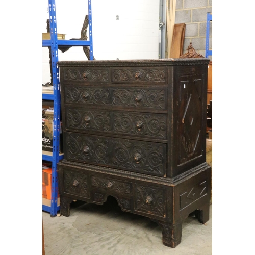 614 - 18th / 19th century Oak Jacobean Revival Chest on Stand, comprising two short over three long drawer... 