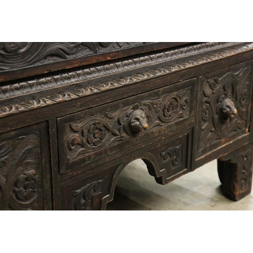 614 - 18th / 19th century Oak Jacobean Revival Chest on Stand, comprising two short over three long drawer... 