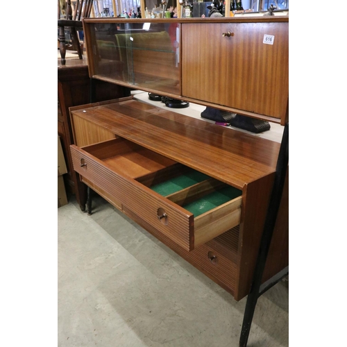 616 - Mid century Retro Nathan Tola Wood Highboard, the upper section with a drop front cocktail cabinet a... 