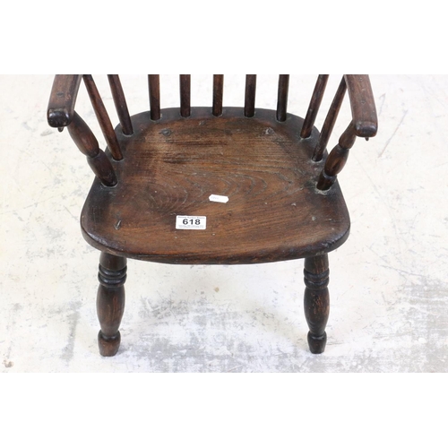 618 - Antique Elm Seat Child's Hoop Back Elbow Chair, 38cm wide x 56cm high