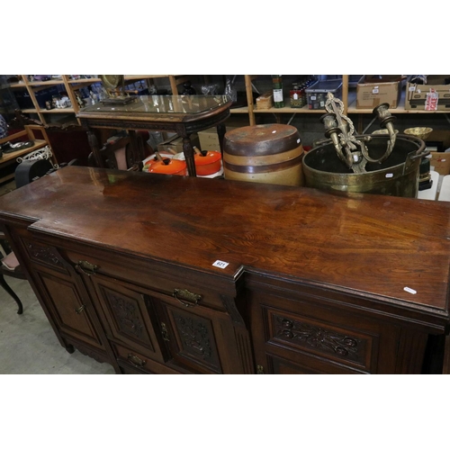 621 - Victorian Pollard Oak Breakfront Sideboard comprising an arrangement of carved cupboard doors and dr... 