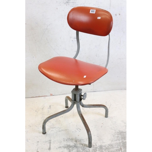 622 - Mid century Retro ' Tan-sad ' Industrial Office Swivel Chair with red vinyl upholstered back and sea... 