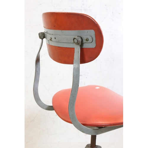 622 - Mid century Retro ' Tan-sad ' Industrial Office Swivel Chair with red vinyl upholstered back and sea... 