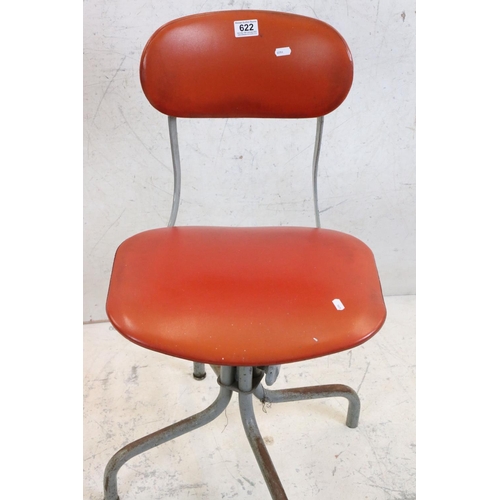 622 - Mid century Retro ' Tan-sad ' Industrial Office Swivel Chair with red vinyl upholstered back and sea... 