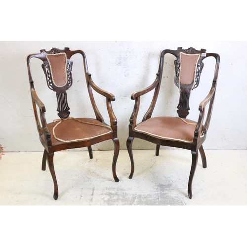 623 - Pair of Early 20th century Elbow Chairs with pierced shaped splats, 54cm wide x 99cm high