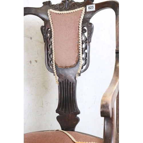 623 - Pair of Early 20th century Elbow Chairs with pierced shaped splats, 54cm wide x 99cm high