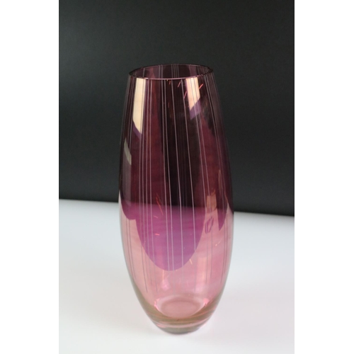 78 - Wedgwood Cranberry glass vase with etched striation design, marked Wedgwood to base, 35cm high, boxe... 