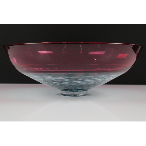 93 - Bob Crooks - Open Lattice studio glass bowl, with cranberry border and a blue open lattice-work cent... 