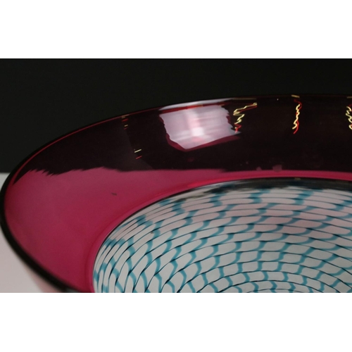 93 - Bob Crooks - Open Lattice studio glass bowl, with cranberry border and a blue open lattice-work cent... 