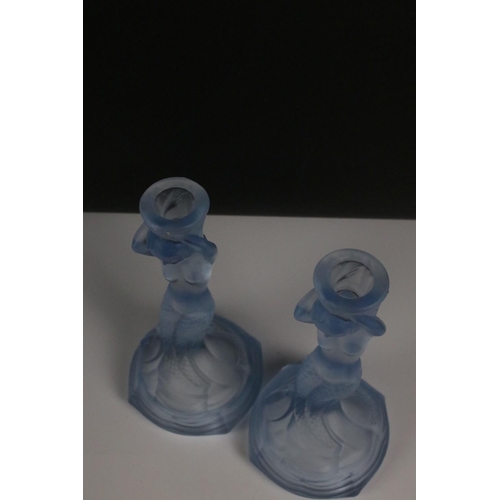 111 - Art Deco Blue Pressed Glass 5-Piece Dressing Table Set comprising Pair of Candlesticks with stems in... 