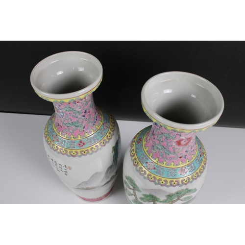 115 - Pair of Chinese Famille Rose vases decorated with mountainous lake scenes, with pink, yellow and blu... 