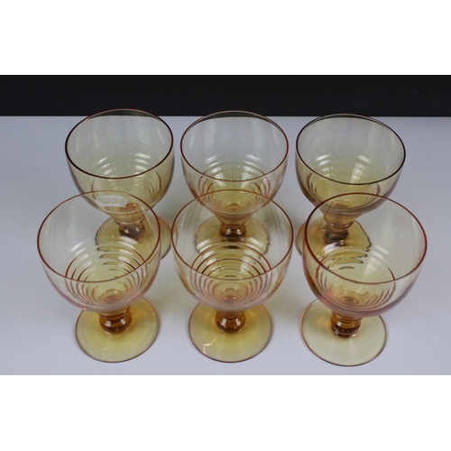 99 - Stuart amber glass lemonade set with part-ribbed bowl design (comprising 6 glasses and a jug - 18cm ... 