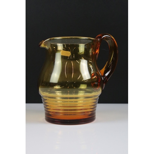 99 - Stuart amber glass lemonade set with part-ribbed bowl design (comprising 6 glasses and a jug - 18cm ... 