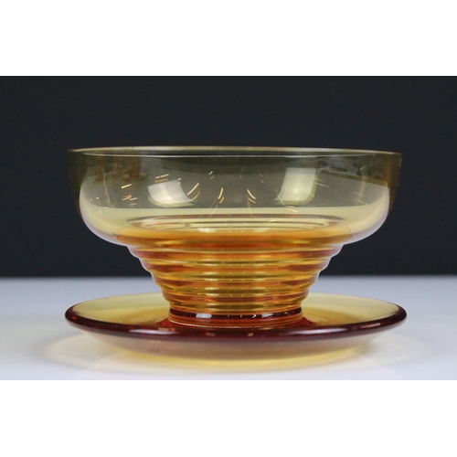 99 - Stuart amber glass lemonade set with part-ribbed bowl design (comprising 6 glasses and a jug - 18cm ... 