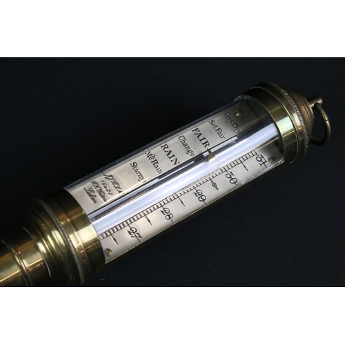 129 - JJBLM of Lisbon 20th Century brass ships mercury stick barometer, with silvered scale inscribed 'JJB... 