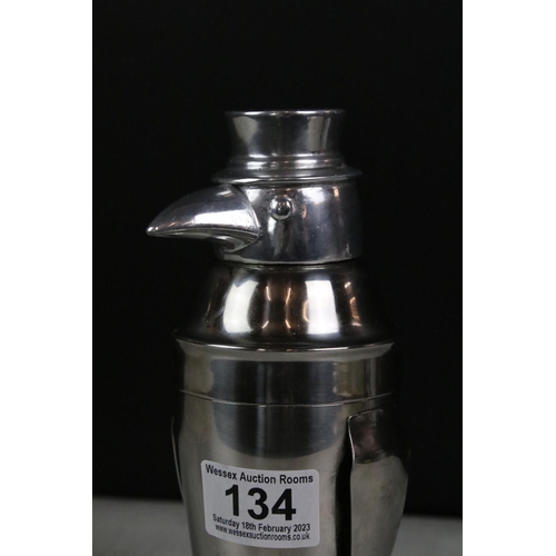 134 - Art Deco style Silver plated cocktail shaker modelled as a penguin with a top hat, 19.5cm high