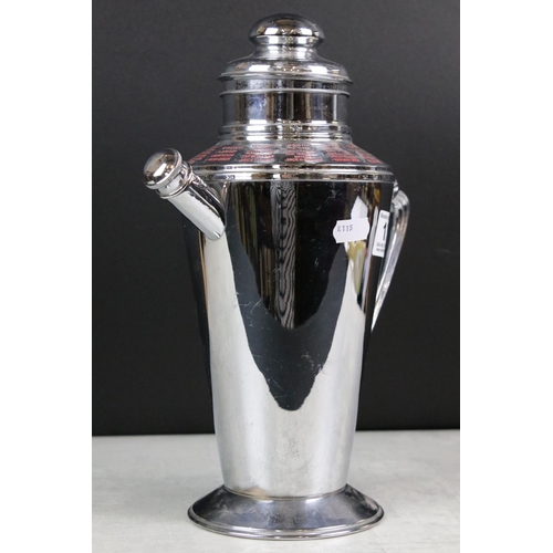 135 - Art Deco style chrome plated cocktail shaker in the form of a coffee pot, with cocktail recipes stam... 