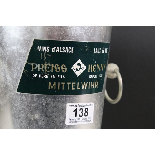 138 - 20th Century French aluminium Champagne ice bucket with label 'Preiss Henny Mittelwihr Vins d'Alsace... 