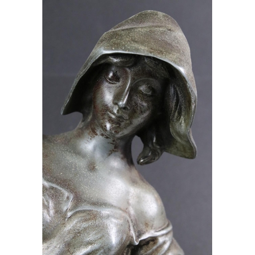 149 - Late 19th Century French spelter figure of a female farmworker carrying a bundle of straw, signed 'R... 