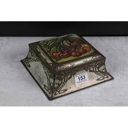 153 - Art Nouveau biscuit tin with cherries embossed to the hinged lid, scrolling decoration to sides, of ... 