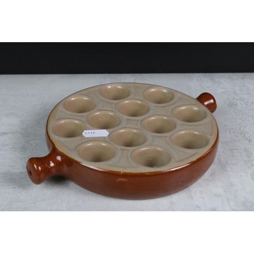 156 - French twin-handled stoneware escargot snail dish, together with a French stoneware wide-mouthed sto... 