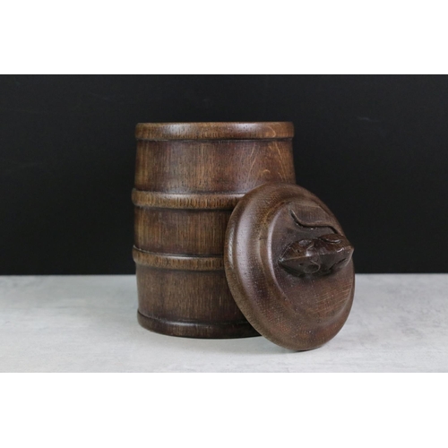 169 - Mouseman - A Robert Thompson English Oak Jar and Cover, of cylindrical barrel form, the cover with c... 