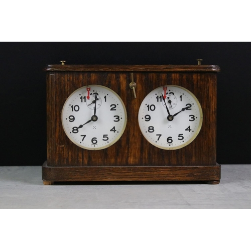 170 - J. Jaques & Son Ltd - 1920s oak cased chess timer clock, with Hamburg and American Clock Company (HA... 