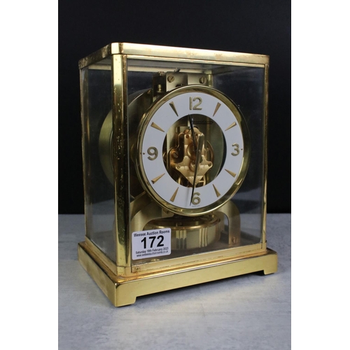 172 - Jaeger Le Coultre Atmos Clock in glazed brass case, the white enamel chapter ring with applied baton... 