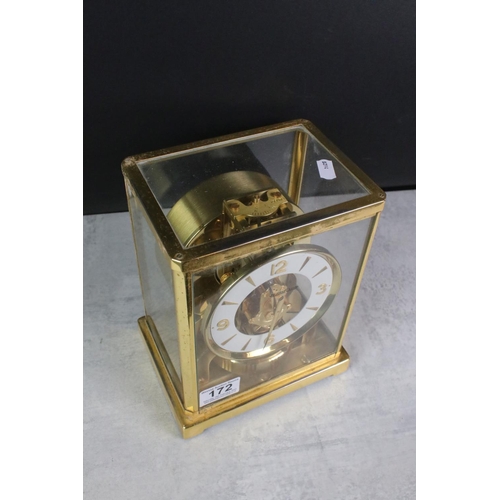 172 - Jaeger Le Coultre Atmos Clock in glazed brass case, the white enamel chapter ring with applied baton... 