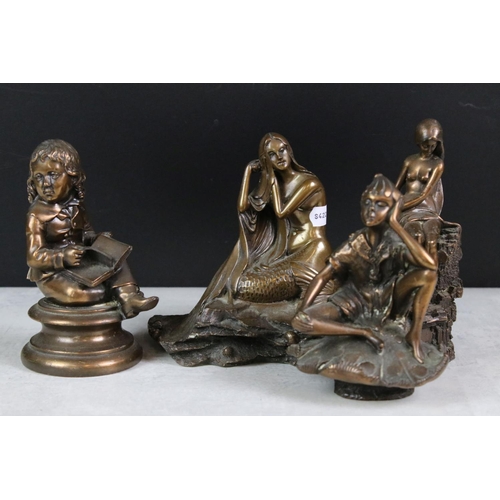 200 - Bronze effect Pixie sitting on a leaf by Elton, 13cm high together with Bronze effect Mermaid, Lady ... 