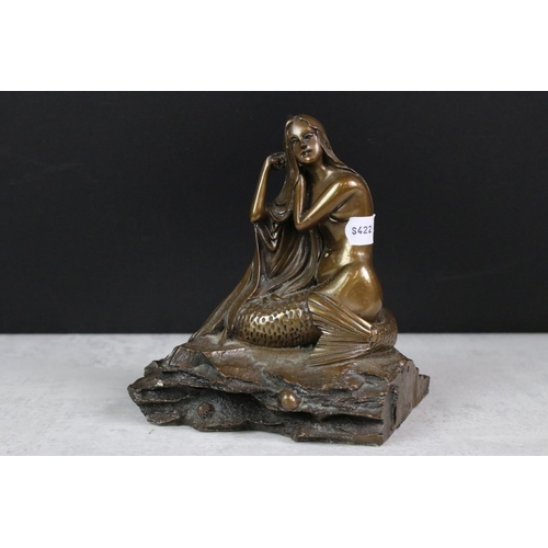 200 - Bronze effect Pixie sitting on a leaf by Elton, 13cm high together with Bronze effect Mermaid, Lady ... 