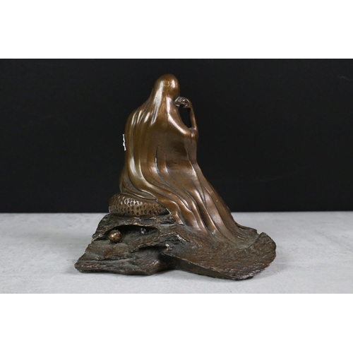 200 - Bronze effect Pixie sitting on a leaf by Elton, 13cm high together with Bronze effect Mermaid, Lady ... 