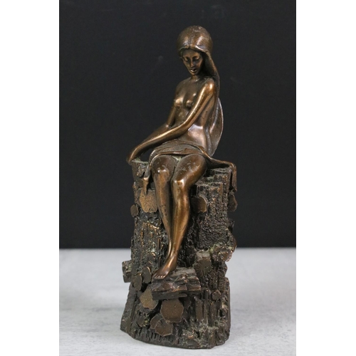 200 - Bronze effect Pixie sitting on a leaf by Elton, 13cm high together with Bronze effect Mermaid, Lady ... 