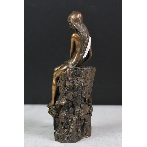 200 - Bronze effect Pixie sitting on a leaf by Elton, 13cm high together with Bronze effect Mermaid, Lady ... 