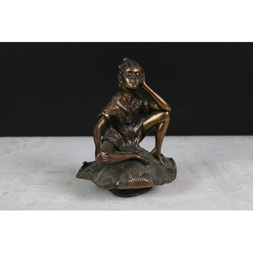 200 - Bronze effect Pixie sitting on a leaf by Elton, 13cm high together with Bronze effect Mermaid, Lady ... 