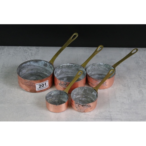 201 - Set of Five Copper Graduating Saucepans with brass handles