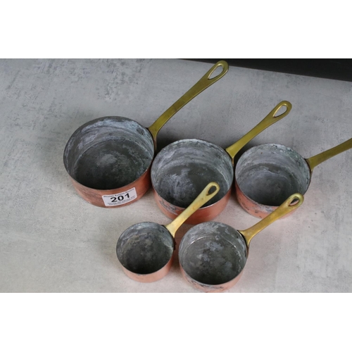 201 - Set of Five Copper Graduating Saucepans with brass handles