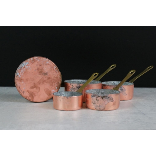 201 - Set of Five Copper Graduating Saucepans with brass handles