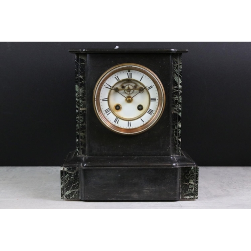 202 - Victorian Slate and Marble Mantle Clock, the white dial with Roman numerals, 25cm high