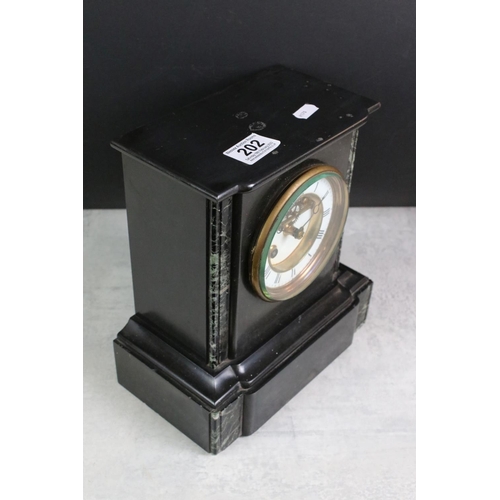 202 - Victorian Slate and Marble Mantle Clock, the white dial with Roman numerals, 25cm high