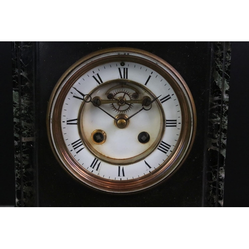 202 - Victorian Slate and Marble Mantle Clock, the white dial with Roman numerals, 25cm high