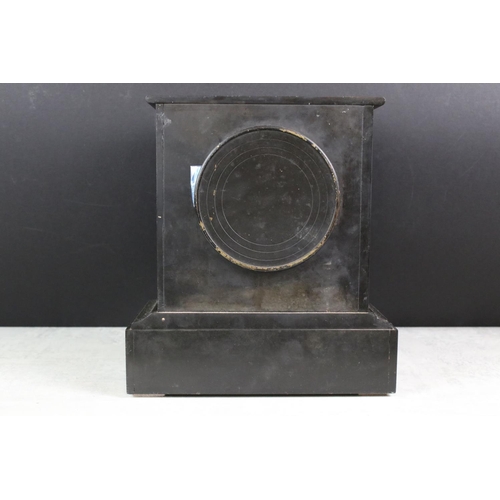 202 - Victorian Slate and Marble Mantle Clock, the white dial with Roman numerals, 25cm high