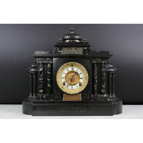 207 - Victorian Architectural Slate and Marble Mantle Clock, the gilt and enamel dial with Roman numerals,... 