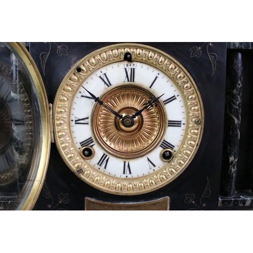 207 - Victorian Architectural Slate and Marble Mantle Clock, the gilt and enamel dial with Roman numerals,... 