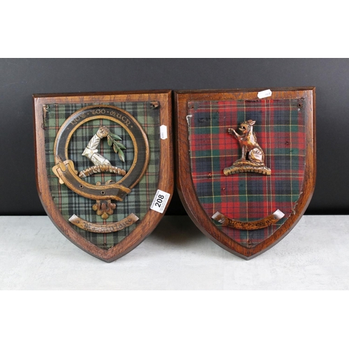 208 - Pair of Oak Shield Shaped Scottish Heraldic  Crest Wall Plaques, one representing the Mackinlay clan... 