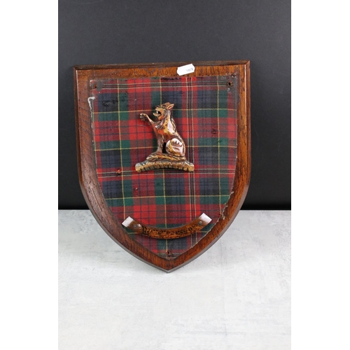 208 - Pair of Oak Shield Shaped Scottish Heraldic  Crest Wall Plaques, one representing the Mackinlay clan... 