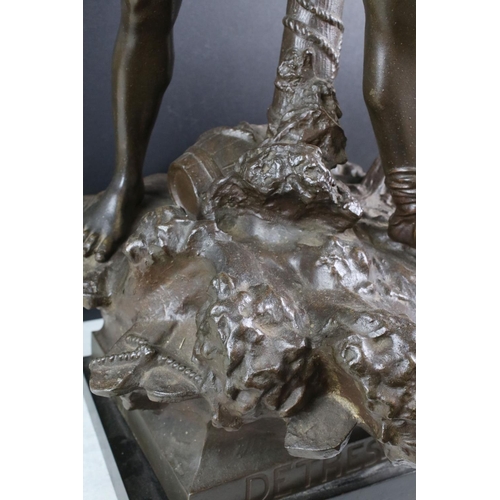 209 - After Max Arthur Waagen, Spelter Sculpture of a Shipwreck Man with Flag titled ' Detresse ', 85cm hi... 