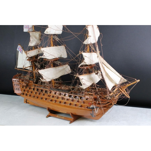 347 - A large wooden model ship / galleon together with a metal tricycle and motorcycle and sidecar model.